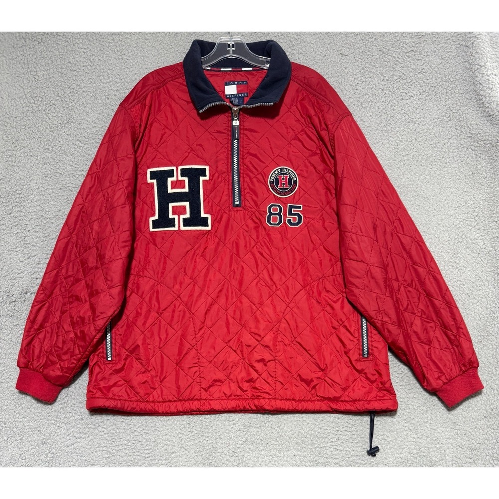Tommy Hilfiger 1/4 Zip Quilted Fleece Lined Varsity Pullover Jacket Mens Large